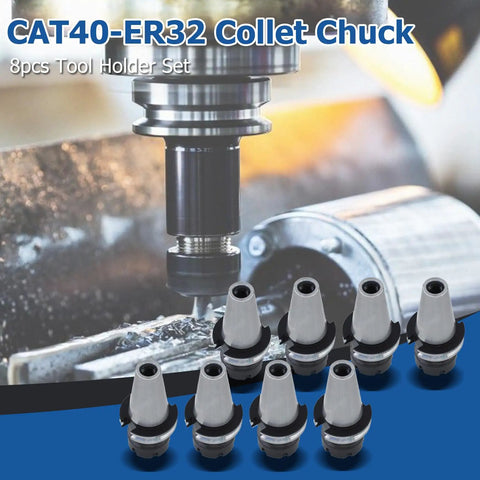 CAT40 ER32 Collet Chuck 2.76 Inch Gage Length 8 Piece Tool Holder Set displayed with CNC machine in background