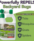 Natural Outdoor Pest Control Yard Spray With Essential Oils Kills On Contact Mosquitoes Ants Fleas Ticks Gnats And More Provides Killer Repellent Power For A Safer Backyard Safe Around Kids And Pets 32 Oz displayed on a green background with pest icons
