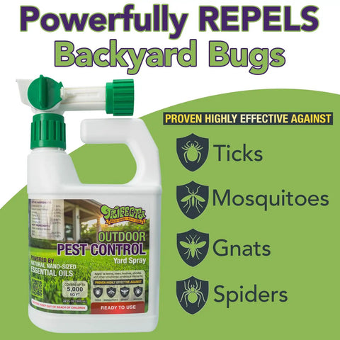 Natural Outdoor Pest Control Yard Spray With Essential Oils Kills On Contact Mosquitoes Ants Fleas Ticks Gnats And More Provides Killer Repellent Power For A Safer Backyard Safe Around Kids And Pets 32 Oz displayed on a green background with pest icons
