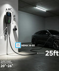 High Performance Level 2 EV Charger 40 Amp 9.6 KW Fast Charge 240 Volt NEMA 14-50 Plug J1772 Standard with measurements.