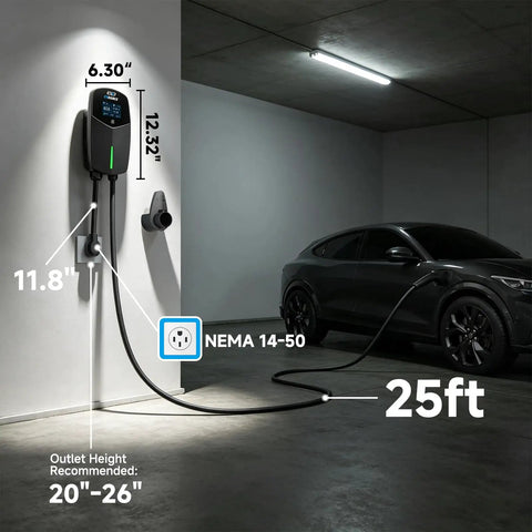 High Performance Level 2 EV Charger 40 Amp 9.6 KW Fast Charge 240 Volt NEMA 14-50 Plug J1772 Standard with measurements.