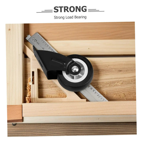 Close-up of a black heavy-duty wheel on a wooden track, part of the Four Pack Heavy Duty Barn Door Rollers Running Like A Dream With Silent Caster Wheels For Cabinet And Wardrobe Sliders Rock Solid Build Zero Drag Glide Super Simple Wall Mount Hardware Kit.
