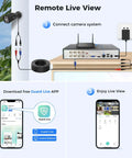 Connection setup for 3K Wired Outdoor Security Camera System With Audio And Smart Dual Light 8 Channel DVR, app interface shown