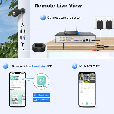 Connection setup for 3K Wired Outdoor Security Camera System With Audio And Smart Dual Light 8 Channel DVR, app interface shown