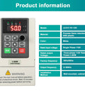 Front view of 110V Variable Frequency Drive for motor speed control with 1.5 kW output, showing control panel and installation info.