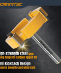 Heavy Hitter Two Inch Slab Flattening Router Bit With Quarter Inch Shank And Sharp Carbide Tips Cutting Straight Through Slabs For Smooth Flat Finishes And Knockout Professional Woodworking Quality, showing carbide tipped bit and shank.