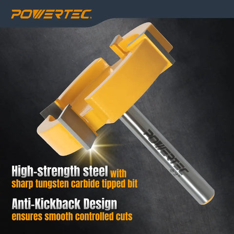 Heavy Hitter Two Inch Slab Flattening Router Bit With Quarter Inch Shank And Sharp Carbide Tips Cutting Straight Through Slabs For Smooth Flat Finishes And Knockout Professional Woodworking Quality, showing carbide tipped bit and shank.