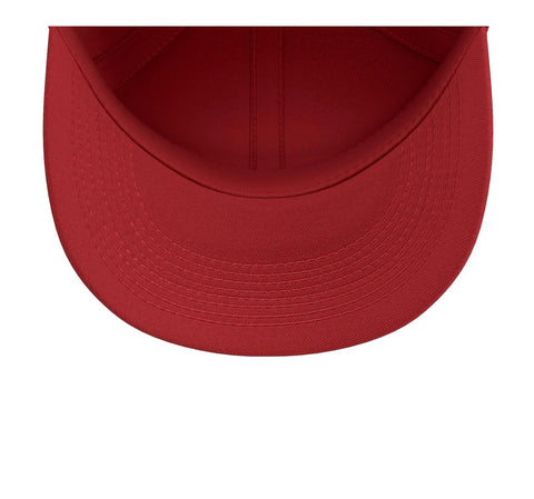 Awesome Adjustable Printed Baseball Hat For Machinist Guys With Cool Vise Gauge Square CNC Tool Design Red Five Panel Cap One Size Fits Most top view showing red fabric and stitching details.