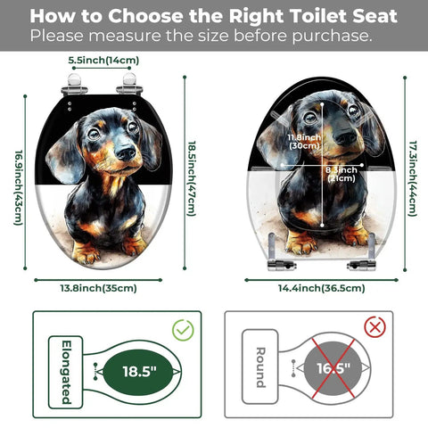Illustration showing dimensions of Elongated Toilet Seat Quiet Close Bathroom with dog design, highlighting size compatibility.