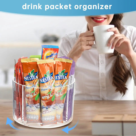 Image of a 360 Degree Rotating Drink Packet Organizer Lazy Susan For Powdered Drink Mixes And Condiments in use, holding various packets.