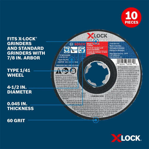 X-Lock 4-1/2 Inch Beefy Metal And Stainless Steel Cutting Wheels Set Of 10, 60 Grit, Type 1/41 with grinder compatibility details