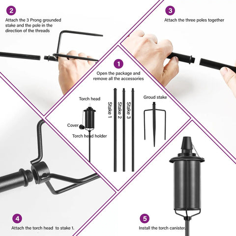 Assembly instructions for Outdoor Metal Torch Set Of Six, 16 Oz Citronella Torches with 59 Inch Adjustable Height and 3 Prong Stakes