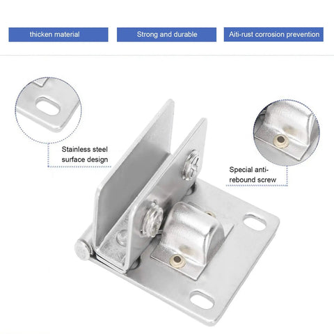 Rock Solid Heavy Duty Stainless Steel Glass Door Hinge With Non Slip Gasket And Anti Scratch Pads Secure Cabinet Clamp Kit, close-up view.