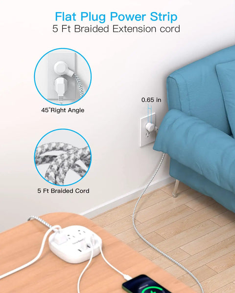 20W USB C Desktop Power Strip With 3 AC Outlets, flat plug in wall, 5 ft braided cord by sofa and desk, no surge protector.