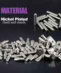 120 Piece Nickel Plated Shelf Pins Kit With Four Styles For Five Millimeter And Six Millimeter Shelf Holes Fits Cabinets And Entertainment Centers Built To Last Durable Cabinet Hardware For Solid DIY Ready Shelf Support displayed on black surface.