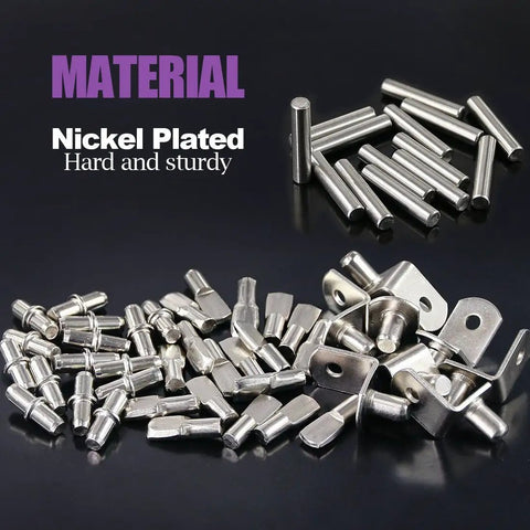 120 Piece Nickel Plated Shelf Pins Kit With Four Styles For Five Millimeter And Six Millimeter Shelf Holes Fits Cabinets And Entertainment Centers Built To Last Durable Cabinet Hardware For Solid DIY Ready Shelf Support displayed on black surface.