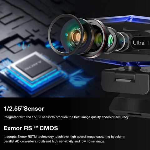 Close-up of 4K Ultra HD Webcam lens with focus on Exmor RS CMOS sensor and 1/2.55” sensor text on a digital chip background
