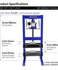 Product specifications for Badass Professional Grade Heavy Duty 6 Ton Hydraulic Shop Press with pressure gauge and adjustable table.