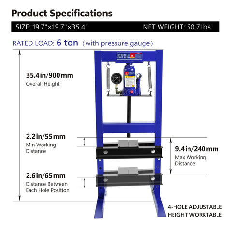 Product specifications for Badass Professional Grade Heavy Duty 6 Ton Hydraulic Shop Press with pressure gauge and adjustable table.