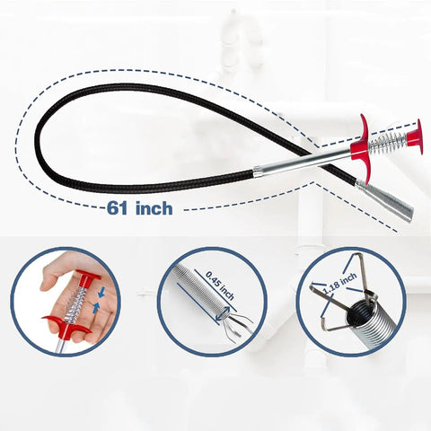 Drain Snake 61 Inch Flexible Grabber Reacher Tool For Hair And Clog Removal In Home Sinks Bathrooms Tubs Toilets And Gutters Easy Reach Drain Cleaner For Tight Spaces And Hard To Access Pipes