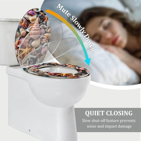 Elongated Quiet Close Toilet Seat for Home Bathroom with seashell design, showcasing slow-closing feature and compatibility.