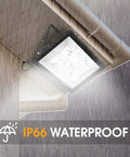 2 Pack 200W LED Flood Light With 22500 Lumens, IP66 Waterproof Outdoor Floodlights mounted under eaves in rain, showcasing IP66 rating
