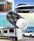 Top Shelf 50 Amp Generator Connector NEMA SS2-50R RV Shore Power Inlet Plug showcased with RV, boat, and shed.