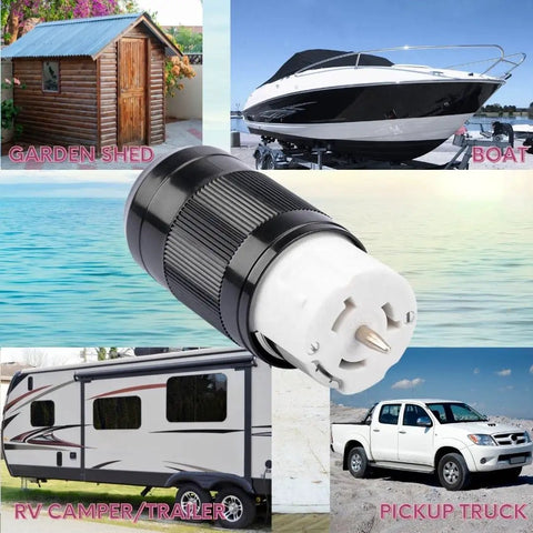 Top Shelf 50 Amp Generator Connector NEMA SS2-50R RV Shore Power Inlet Plug showcased with RV, boat, and shed.