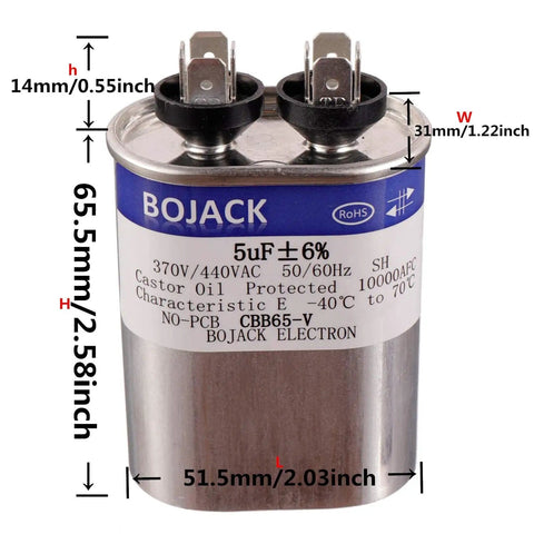5uF Run Start Capacitor For AC Motors And Fans 370V 440V CBB65 Oval UL Recognized Top Notch Replacement For Heat Pumps And Air Conditioners Replaces CPT00072 Supports Compressor And Fan Motor Startup