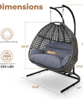 All Weather Two Person Egg Chair With Stand Cozy Oversized Wicker Hanging Loveseat Built Tough Steel Frame With Extra Thick Cushion Rain Cover Included Indoor Outdoor Patio Swing Chair Dark Grey showing dimensions and weight capacity