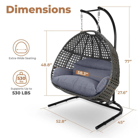 All Weather Two Person Egg Chair With Stand Cozy Oversized Wicker Hanging Loveseat Built Tough Steel Frame With Extra Thick Cushion Rain Cover Included Indoor Outdoor Patio Swing Chair Dark Grey showing dimensions and weight capacity