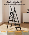 Six Step Foldable Aluminum Ladder Stool, Easy Fold And Store, Black Home Step Ladder With Shelf, Sturdy Yet Lightweight, Your Go To Kitchen And Home Helper For Bedroom Library Classroom, anti-slip feet