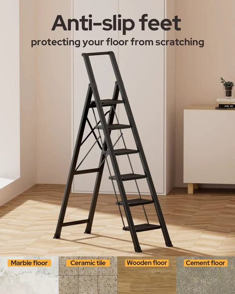 Six Step Foldable Aluminum Ladder Stool, Easy Fold And Store, Black Home Step Ladder With Shelf, Sturdy Yet Lightweight, Your Go To Kitchen And Home Helper For Bedroom Library Classroom, anti-slip feet