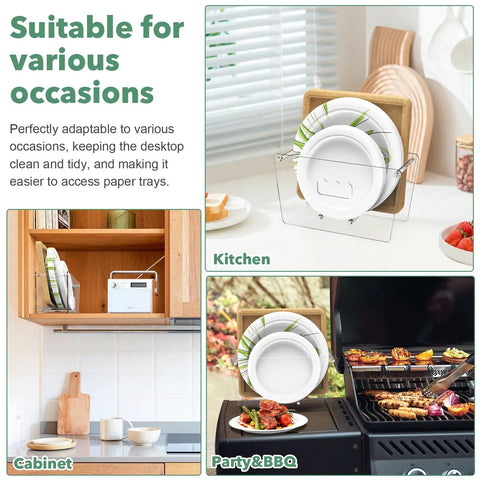 Space Saving Acrylic Paper Plate Dispenser For 5 To 12 Inch Plates on kitchen counter, cabinet, and BBQ grill setup