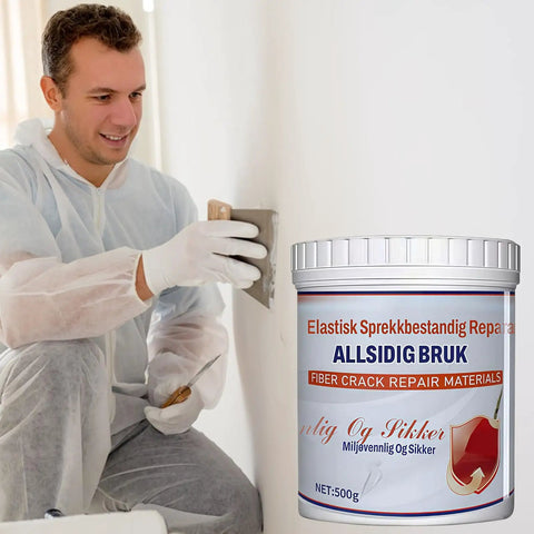 Man applying 500G Dense Filler Wall Repair Paste With Moistureproof Binder And Quick Blend Fiber Reinforced Crack Prevention Formula.