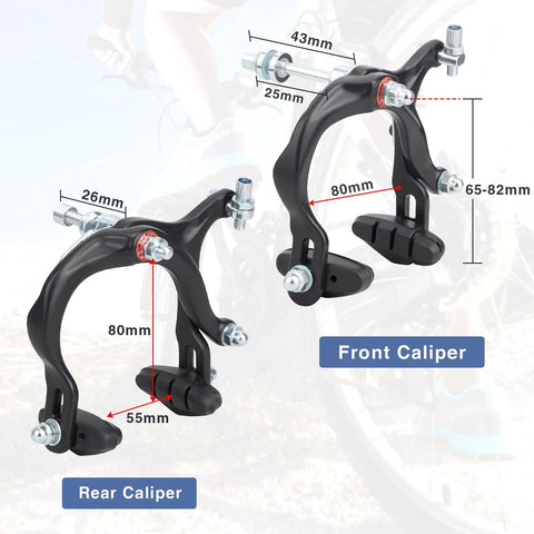 Front And Rear Caliper Brake Set For Mountain Bikes BMX And Cruiser Bikes Aluminum Alloy Build With Levers Cables Pads shown with dimensions