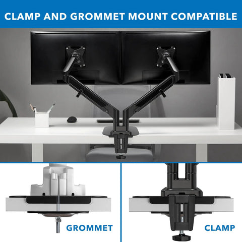 Built Tough Steel Monitor Mount Reinforcement Plate keeps glass and thin desks safe, showing clamp and grommet compatibility.