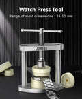 Pro Grade All In One Watch Repair Kit With Press Tool For Battery Swap And Strap Sizing, case opener displayed with watchband