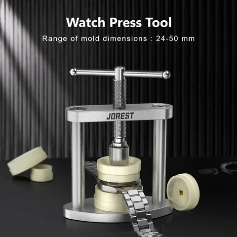 Pro Grade All In One Watch Repair Kit With Press Tool For Battery Swap And Strap Sizing, case opener displayed with watchband