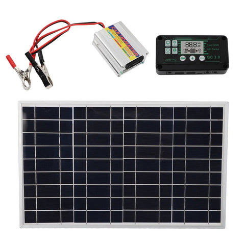 30W Solar Panel Kit With 220W MPPT Inverter For Outdoor Camping, RV And Off Grid Power Supply components with cables.
