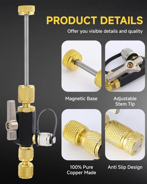 All-In-One 1/4 And 5/16 Inch Dual Valve Core Removal Tool Kit with magnetic base and adjustable stem tip, anti-slip design.