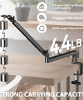 Badass Low Profile Microphone Boom Arm Stand For Gaming Streaming Podcasting With Smooth Swivel And Anti Vibration Cushion Mount on a desk with weights.