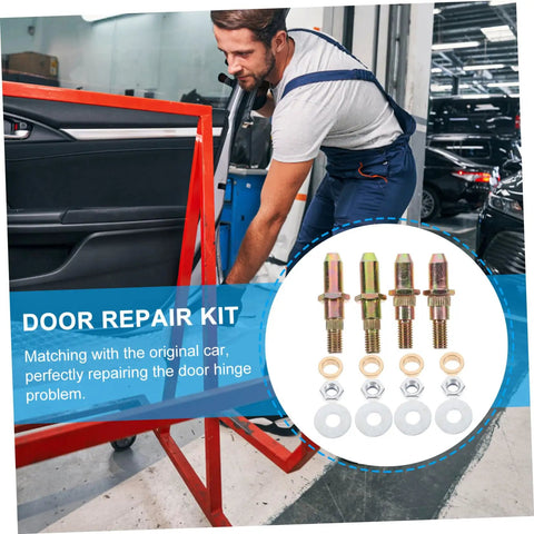 Man using Auto Door Hinge Repair Kit Set with Pins and Bushings for two car doors in a garage setting