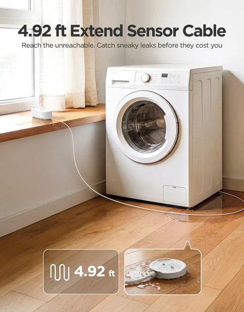 Upgraded Smart Water Leak Detector 1S With 4.92 Ft Sensor Cable WiFi Water Sensor placed near washing machine detecting leak