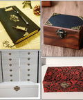 Retro Jewelry Box Hinges And Latches Set With Butterfly Latch Hooks And Antique Hasp Bronze Tone Old School Finish Mini Brass Hinges Screws Included Ideal For Wooden Boxes Cabinets And Vintage Furniture Hardware 36 Pieces displayed on various boxes and book.