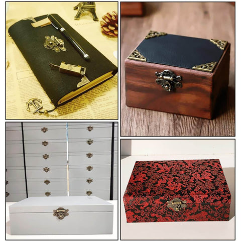 Retro Jewelry Box Hinges And Latches Set With Butterfly Latch Hooks And Antique Hasp Bronze Tone Old School Finish Mini Brass Hinges Screws Included Ideal For Wooden Boxes Cabinets And Vintage Furniture Hardware 36 Pieces displayed on various boxes and book.