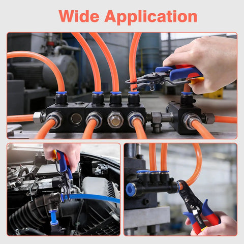 Air Line Removal Tool For 3/8 And 1/2 Inch Push-To-Connect Fittings With Quick Release Pliers One-Handed Disconnection For Pneumatic Systems Quick Connects Automotive Hoses And Maintenance, removing orange air hoses