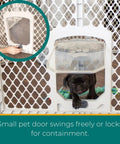 Puppy using small door in Six Panel Petyard Passage Dog Playpen Fence With Wall Mount Kit Easy Setup Freestanding Or Wall Mounted Lockable Door
