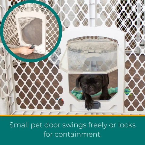 Puppy using small door in Six Panel Petyard Passage Dog Playpen Fence With Wall Mount Kit Easy Setup Freestanding Or Wall Mounted Lockable Door