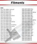 Fitment chart for Heavy Duty Windshield Washer Pump Fits Bmw E90 E60 525i 328i 325xi M3 M5 M6 with list of compatible models.
